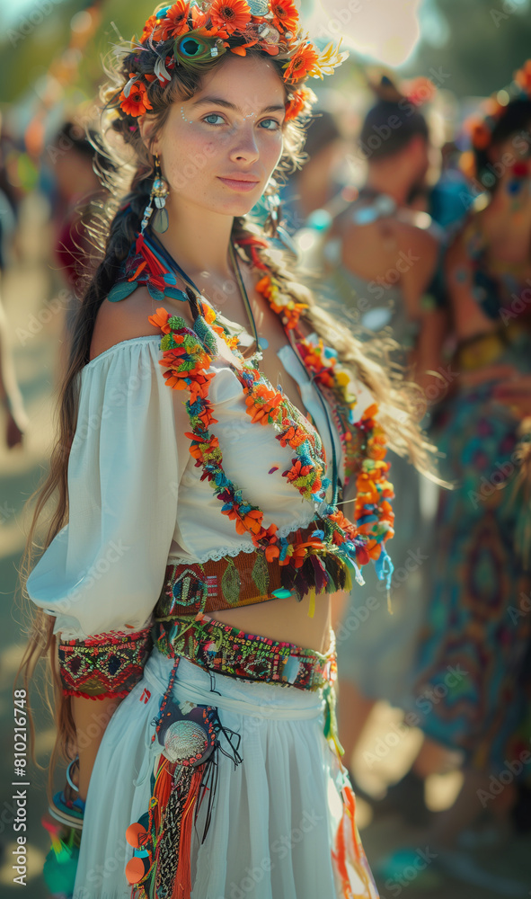 Young woman enjoy a music festival in unique boho gypsy style outfit