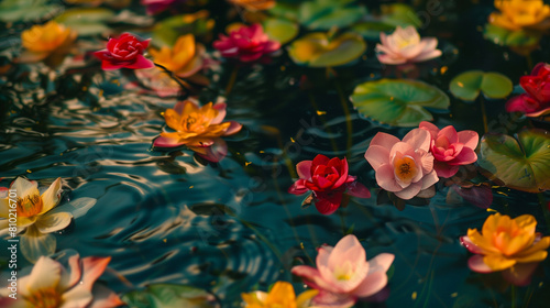 Colorful flowers close up on the surface of the water