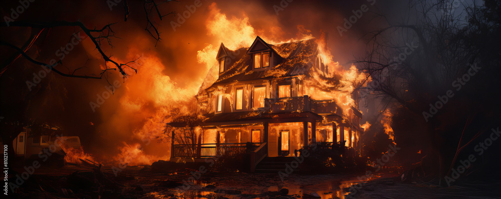 A photograph of a burning house at night, with flames illuminating the surroundings and casting ominous shadows. A photograph of a burning house at night, with flames illuminating the surroundings and casting ominous shadows.