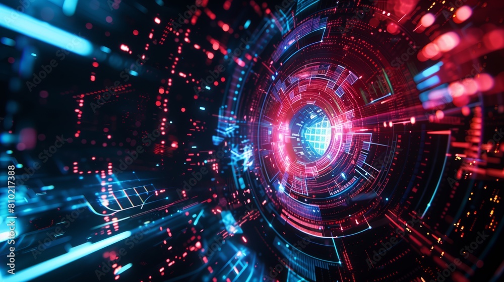 Obraz premium Abstract digital tunnel with vibrant neon lights and particles