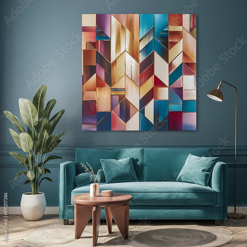 Abstract Geometric Shapes with cloroful Painting ,wall art poster with gray living room background with blue sofa, 3d illustration ,modern living room decoration, wooden decoration. photo