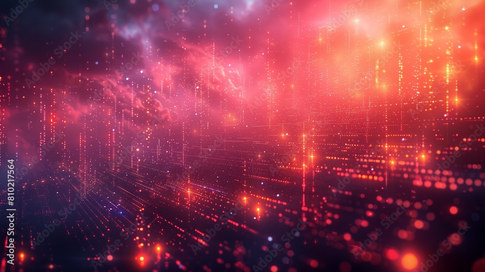 Fototapeta premium Vivid digital landscape depicting a dynamic red neon matrix under a cosmic sky, symbolizing advanced data networks