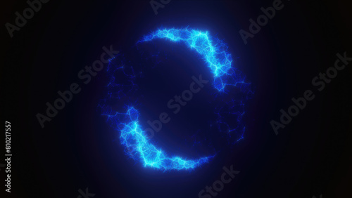 Blue swirling circle frame of multicolored lines of energy particles. Abstract background