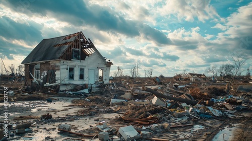 A haunting landscape showing the aftermath of a disaster, with a severely damaged house amidst rubble and debris under a somber sky photo