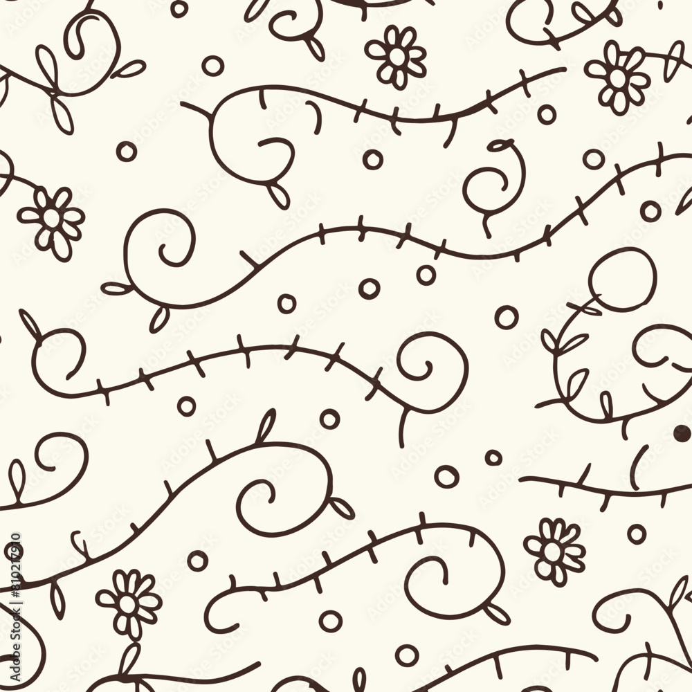 Flower doodle brush seamless pattern. Sketch hand drawn spring floral plant. Vector illustration .