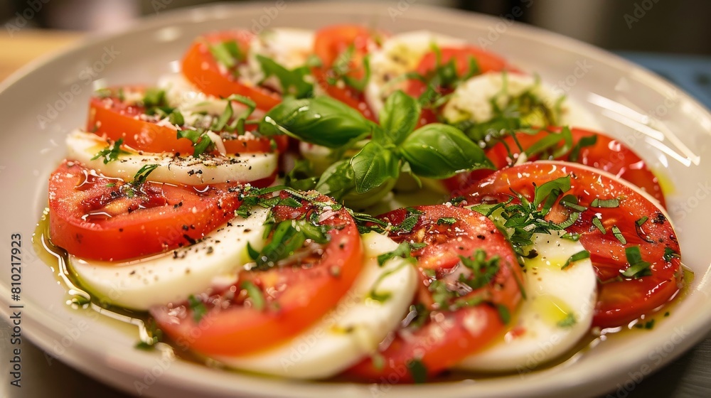 An appetizing image of Caprese salad with freshly sliced tomatoes, mozzarella, basil and a dressing