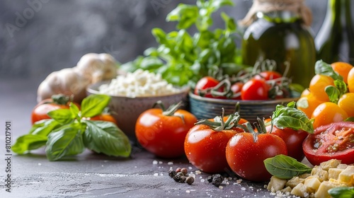 This image showcases vibrant tomatoes, cheese, basil, and ingredients ready for a delicious and healthy meal preparation