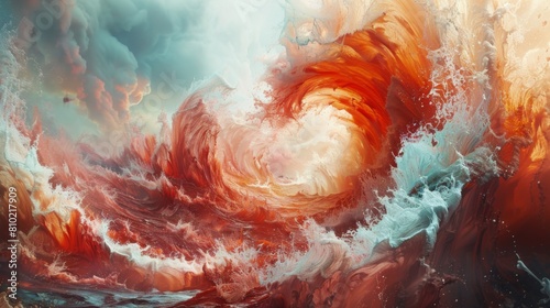 Vivid abstract illustration of a fiery swirl clashing with a torrent of blue water, metaphor for elemental battle photo