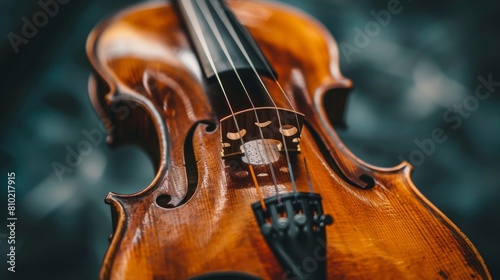A detailed photo of a violin with focus on the strings and wood texture, showcasing the craftsmanship and beauty of the instrument photo