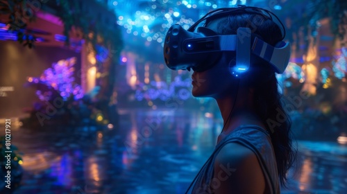 An entranced woman enjoys a virtual reality experience in a neon-lit urban environment  symbolizing immersion
