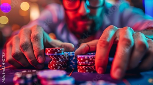 Engrossing poker gameplay with a player's hands collecting chips, symbolizing success and strategy in card games photo