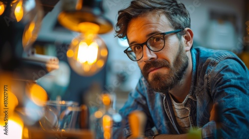 A young man pondering in a café setting with selective focus to emphasize contemplation