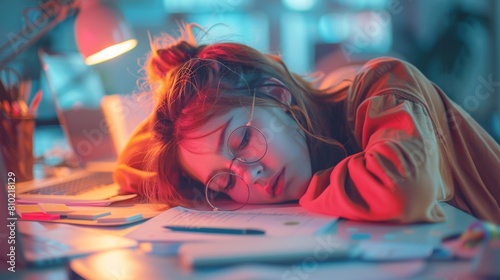 A weary individual with glowing hair collapsed on a desk next to a laptop and paperwork, illustrating overwork or burnout photo