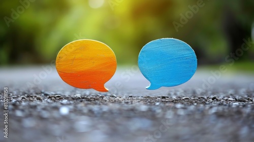 Two painted wooden speech bubble cutouts on the road, highlighting communication or dialogue