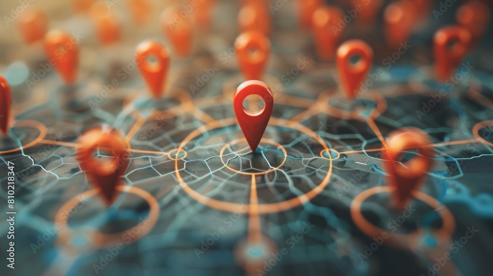 A detailed conceptual image showcasing multiple red location pins on a ...