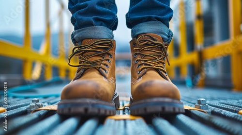 A worker's perspective looking down at a pair of sturdy brown boots on an industrial bridge