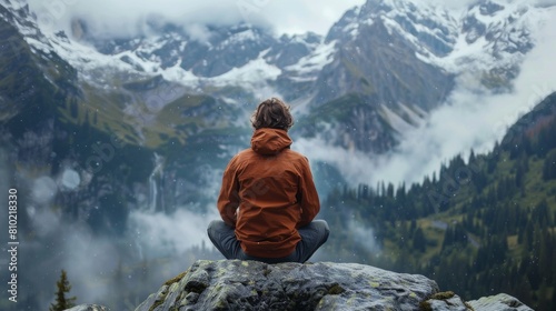 A person sits atop a rock, gazing at a breathtaking mountain landscape shrouded in mist, depicting serenity and adventure