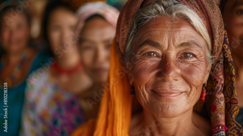 Close-up portrait of a wise elderly woman with a colorful headscarf, showing detailed facial expressions