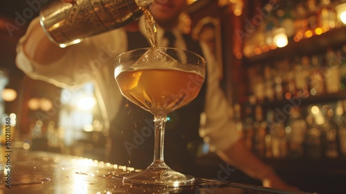 Bartender skillfully pouring a cocktail into a stemmed glass at a warmly lit bar counter photo