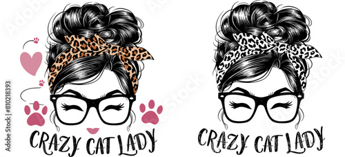 cat mom 2024 mother day motherhood vector design, messy bun hair crazy cat lady
