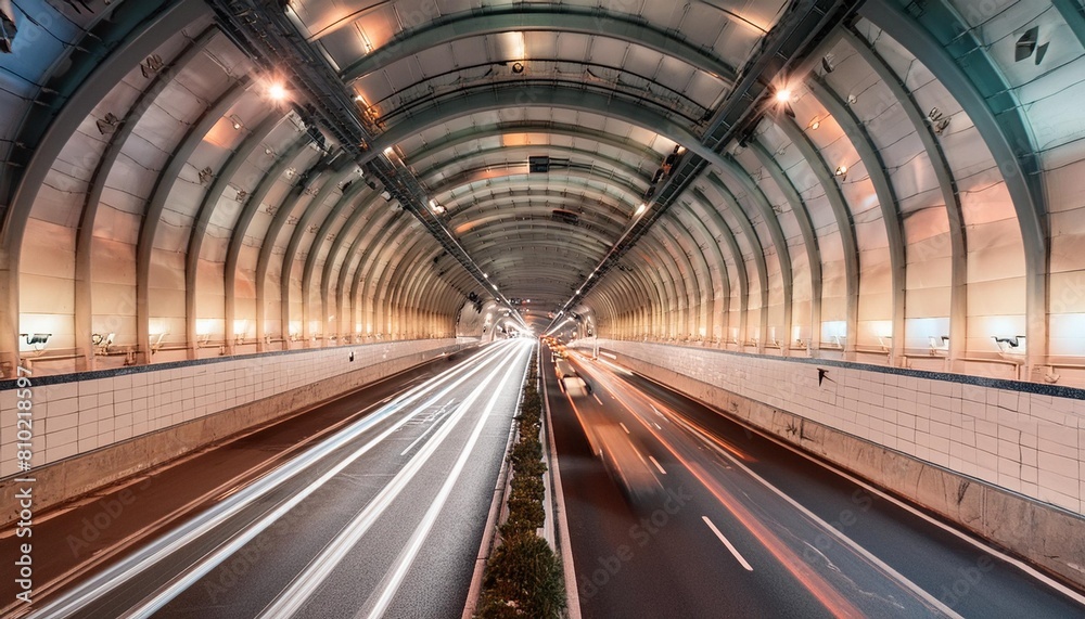 a wide angle shot captures traffic flowing through a tunnel