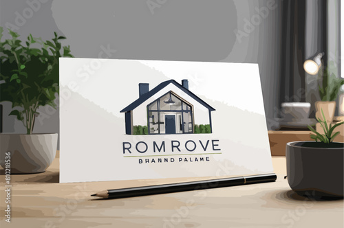 A white paper with a house logo on it on the table 3d mock up template