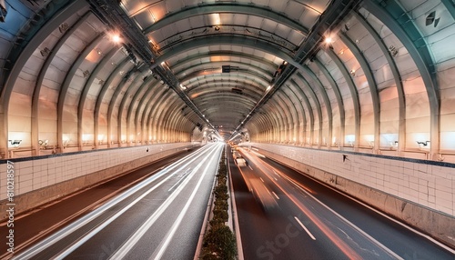 a wide angle shot captures traffic flowing through a tunnel