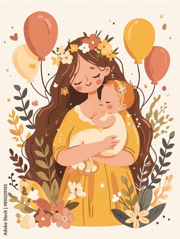 Happy Mothers Day spring card design. Vector style illustration with woman and her child in yellow pastel palette. Beautiful template for banner, poster, card, postcard or printable. Happy Mothers Day spring card design. Vector style illustration with woman and her child in yellow pastel palette. Beautiful template for banner, poster, card, postcard or printable.