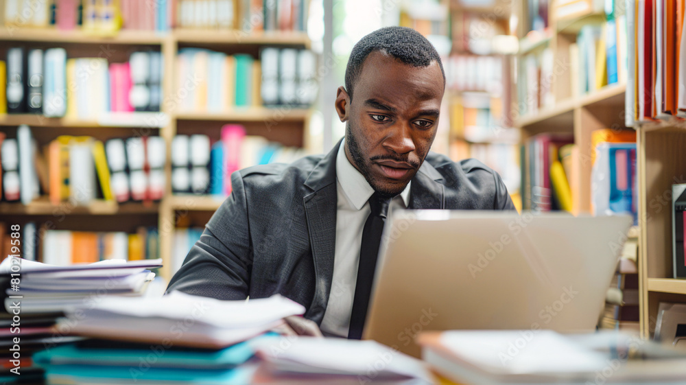 Corporate Focus: Man Manages Intense Workload in a Busy Office Setting
