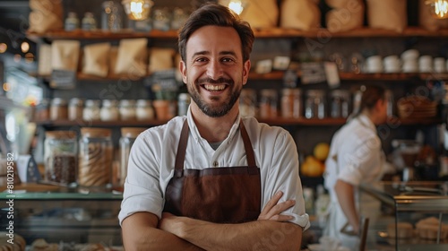 Friendly Male Barista Smiling in Coffee Shop Environment
