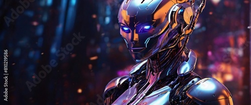 the robot amidst a backdrop of swirling cosmic colors. Every intricate detail of the robot's design is captured in stunning clarity, from its intricate circuitry to the ethereal glow emanating from it