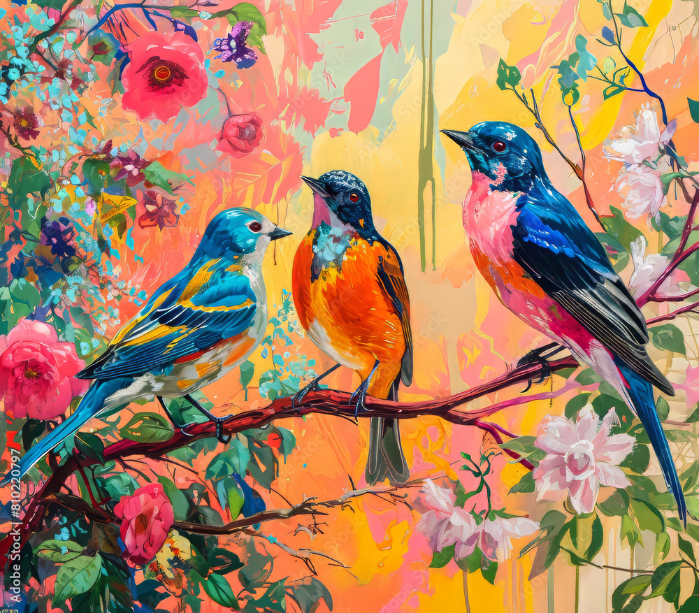 Obraz premium Colorful Birds on Floral Branch