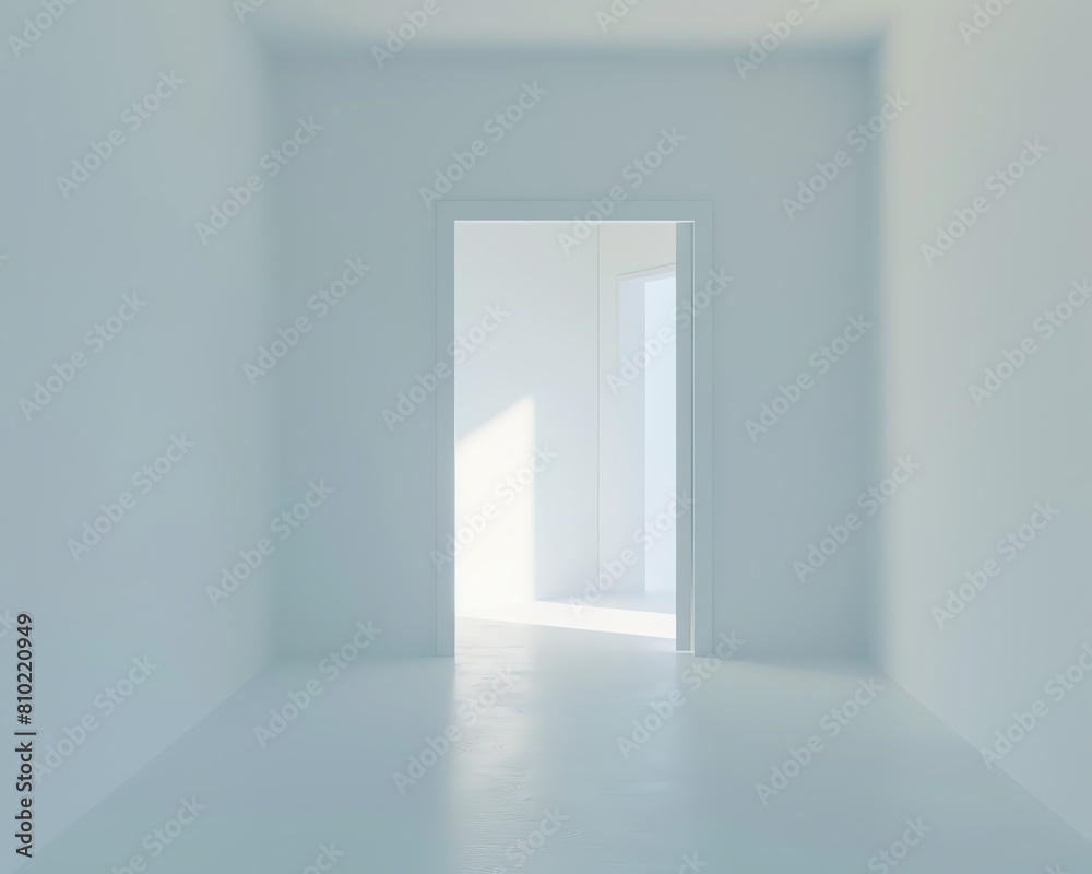 Empty room with a door. The room is painted in a light blue color and the floor is white. The door is open and there is a bright light coming from outside.