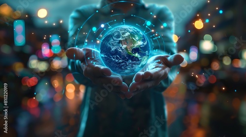 Pair of hands holding a glowing blue and green earth in the palm of their hands with a blurry background of a city at night.