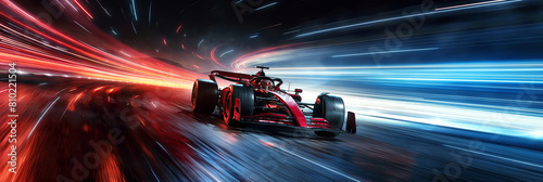Powerful acceleration of a generic red formula one car on on the night racing track with light strips and motion blur. The concept of fast and powerful technology. 3d illustration photo