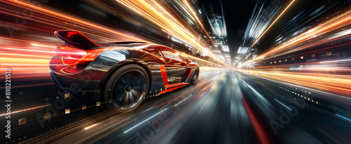 An orange electric sports car riding on a night street road against the background of the city. Technology concept of fast moving supercar. 3d illustration
