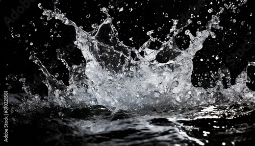 the texture of the water splash when ice is dropped on the surface of the water black background generative ai