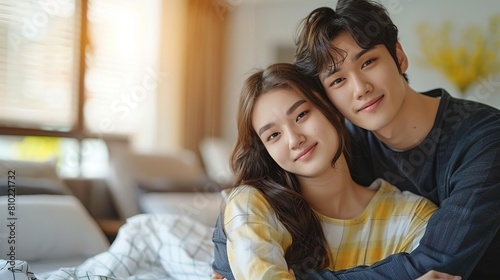 A young couple is sitting on a bed and smiling at the camera. The woman is resting her head on the man's shoulder.