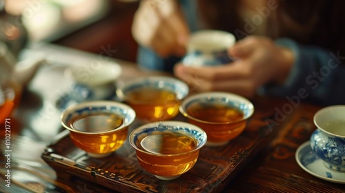 A close-up of a traditional tea ceremony with multiple porcelain cups filled with tea on a wooden tray
