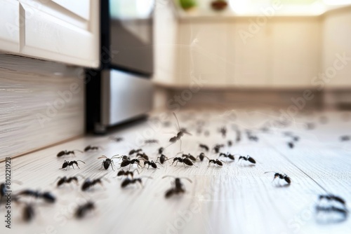 Numerous ants swarming on a white kitchen floor, highlighting a common household pest control problem photo