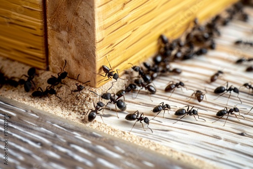 Close-up shot of black ants crawling on a striped wooden surface near a wooden structure, suggesting a potential infestation