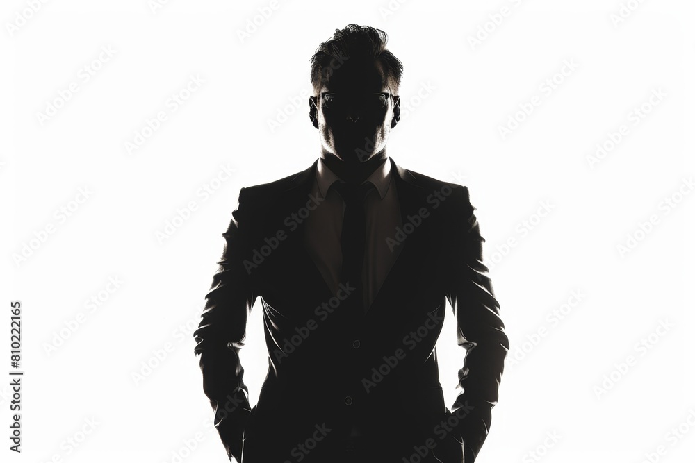 Obraz premium Silhouette of business man in suit isolated on white background, shadow portrait of businessman front view Generative AI