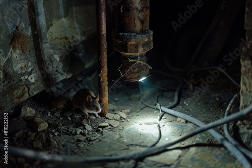 Exploring a dimly lit  abandoned basement  a small mouse reveals the interplay of light and shadow in an urban space left behind