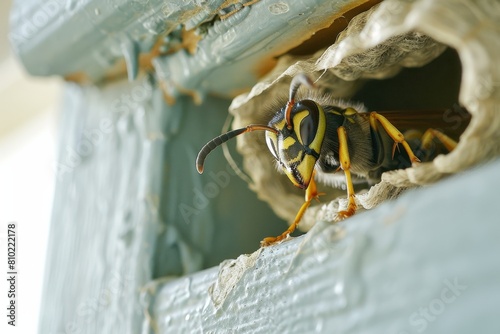 Detailed macro image capturing a single wasp exiting its papery nest, highlighting intricate patterns and natural wildlife behavior