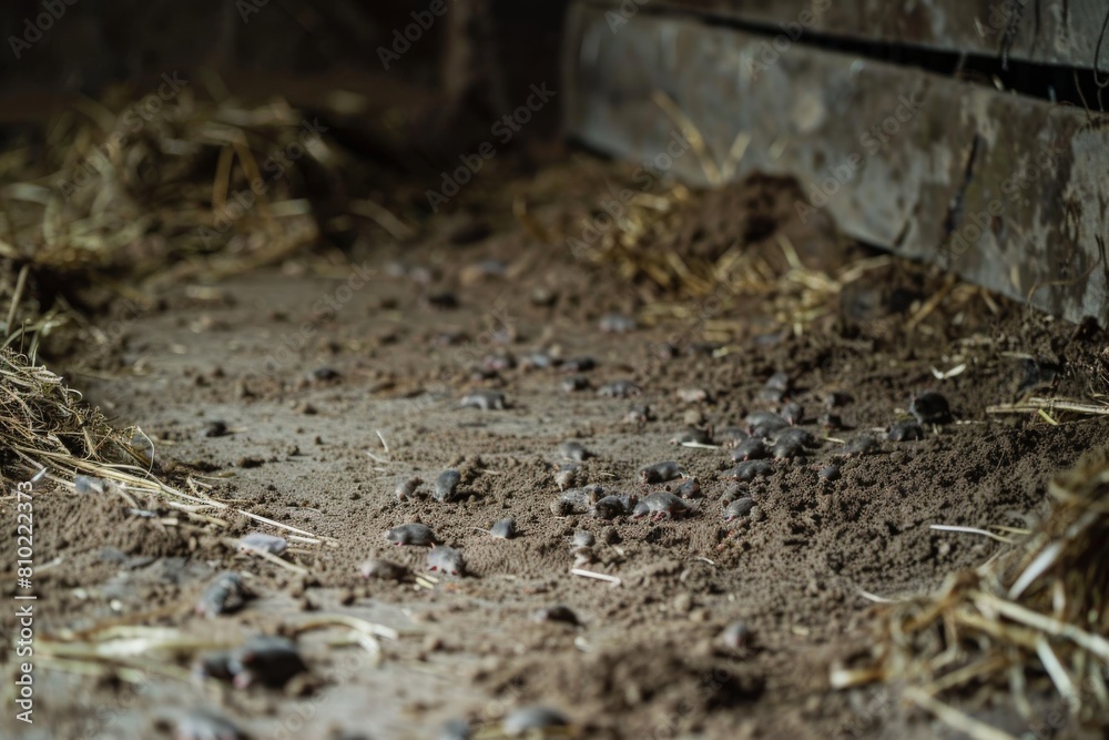 Close-up image capturing the intricate textures and patterns of a barn floor strewn with hay, soil, and small pebbles Close-up image capturing the intricate textures and patterns of a barn floor strewn with hay, soil, and small pebbles