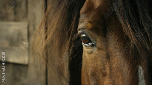 Close-up portrait of a horse, detailed eye and mane, rustic barn background
