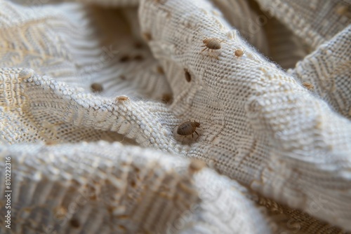 Close-up image displaying bed bugs moving on a textured fabric, highlighting a prevalent household pest problem