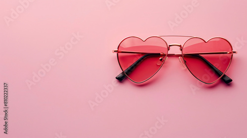 Pink heart shaped sunglasses on color background. 