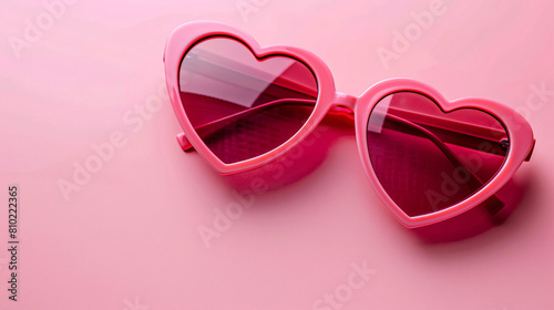 Pink heart shaped sunglasses on color background. 