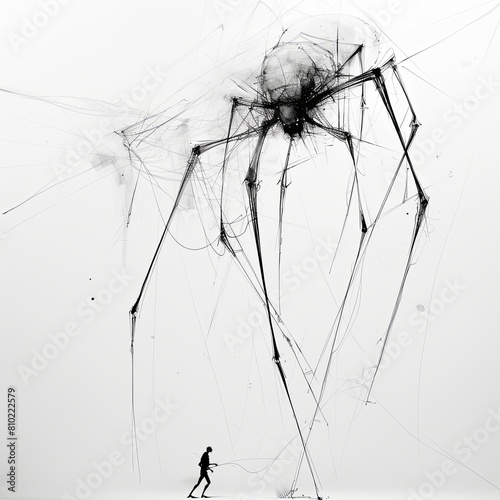 The black-and-white drawing shows a scary giant spider from which a man is running away. The spider is large and menacing  while the man is small and vulnerable. The scene is tense and disturbing.